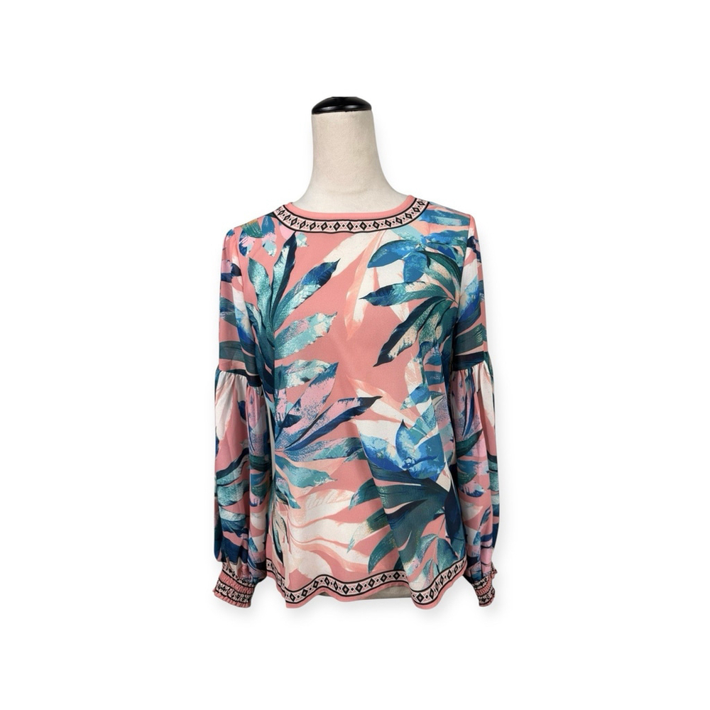 Vici Boho Leaf Floral Pattern Top In Pink And Blue Size Medium
